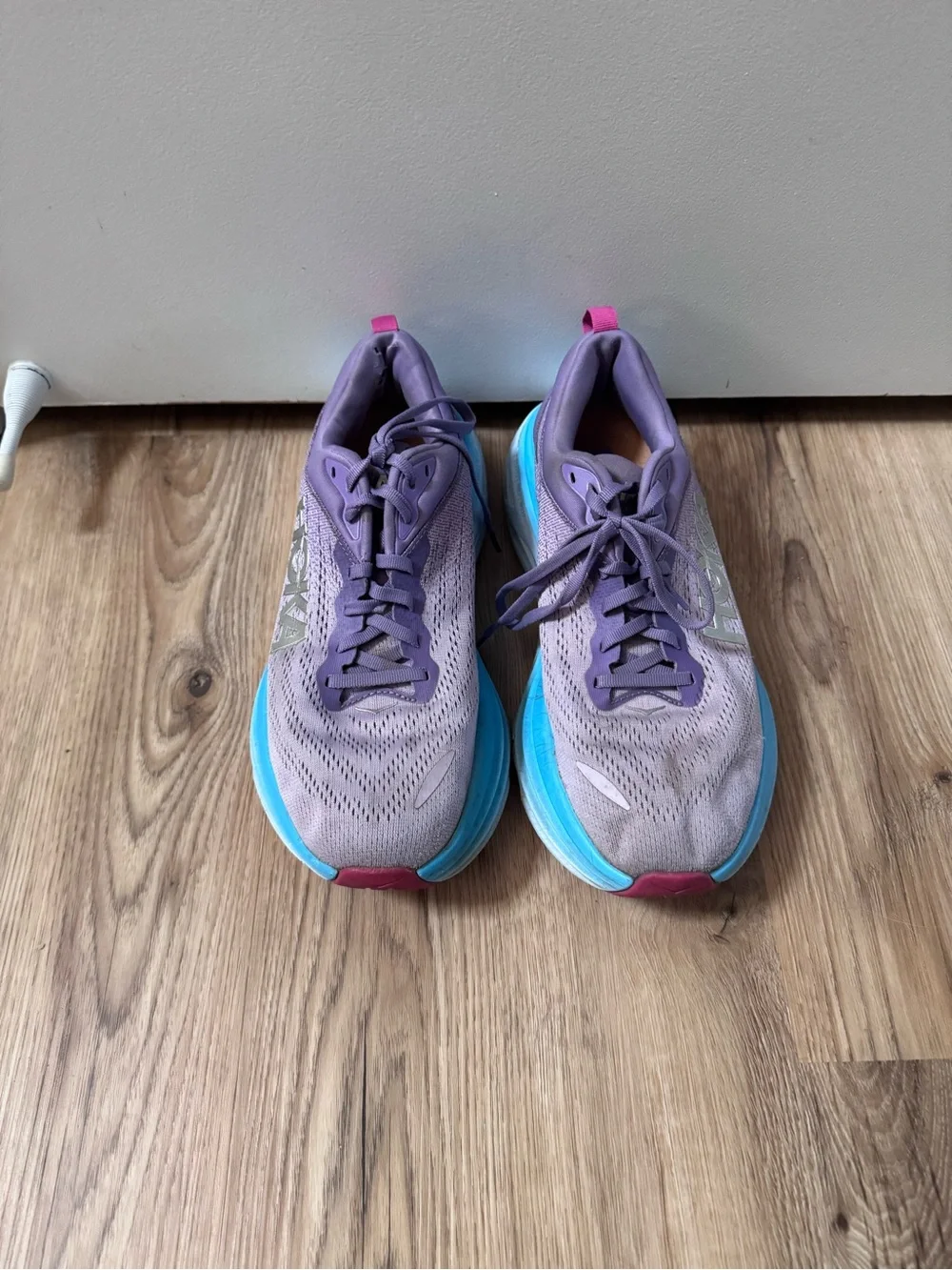 Hoka One One Lavender Running Shoes with Blue Midsole and Pink Pulls